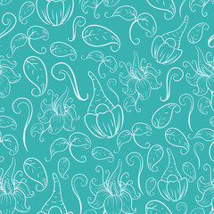Seamless Pattern Of Abstract Flower With Turquoise Background