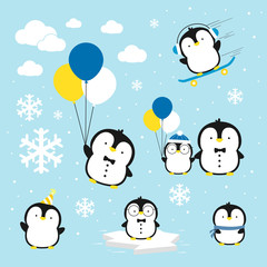 cute little penguins set with design elements isolated on blue background