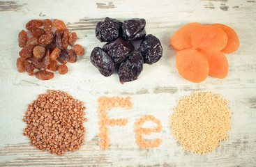 Vintage photo, Ingredients and products containing iron and dietary fiber, healthy nutrition