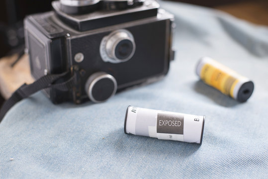  black and white film exposed  and vintage camera