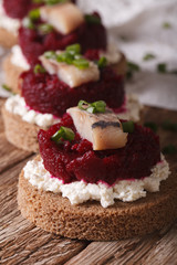sandwiches with salty herring, beetroot and cottage cheese close-up. Vertical

