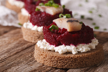 sandwiches with salty herring, beetroot and cottage cheese close-up. horizontal
