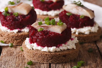 Tasty sandwiches with herring, beetroot and cream cheese.  Horizontal
