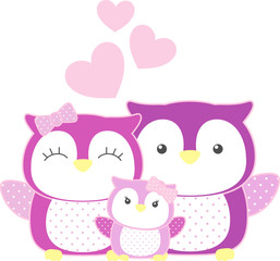 cute baby girl owl and parents isolated on white