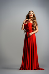 lady in long red dress