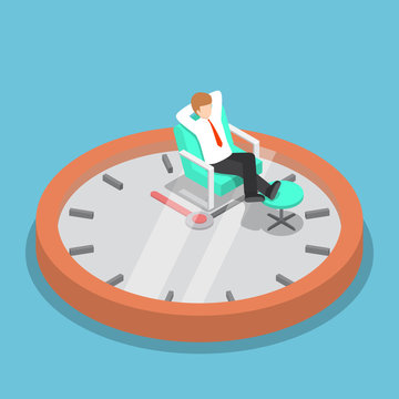 Isometric businessman relaxing on the sofa with clock