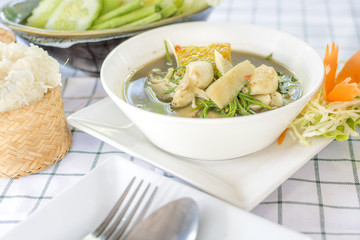 Laos curry  (Thai call Kaeng Nor Mai Sai Biyanang or Kaeng Lao or Tom Prer) baby bamboo pumpkin and mixed vegetable Shoot Soup the traditional delicious Northeastern Style Thai food.