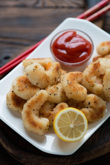 Close-up of king shrimps fried in panko breadcrumbs, studio shot