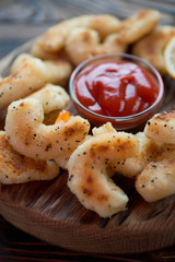 Close-up of panko breaded king shrimps, selective focus