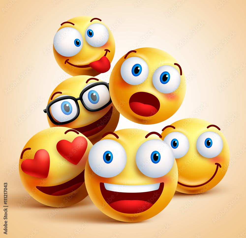 Poster smiley faces group of vector emoticon characters with funny facial expressions. 3d realistic vector 