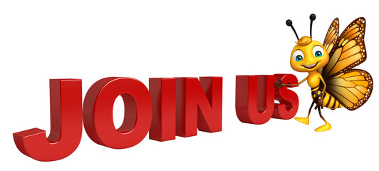 Butterfly cartoon character with join us sign