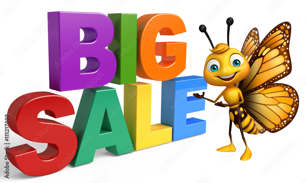 Poster cute Butterfly cartoon character with bigsale sign