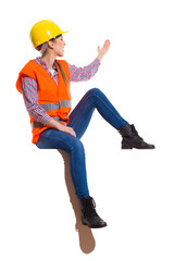 Woman Construction Worker Sitting And Presenting