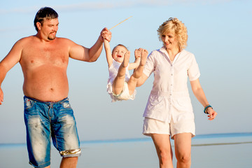 family playing on the beach