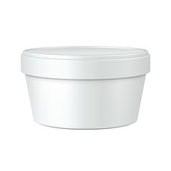 White Food Plastic Tub Bucket Container For Dessert, Yogurt, Ice Cream, Sour Cream Or Snack. Illustration Isolated On White Background. Mock Up Template Ready For Your Design. Product Packing 