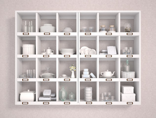 3d illustration of various kitchen accessories on white shelves