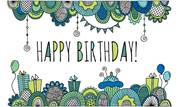 Happy Birthday With Hand Drawn Border Vector Blue and Green