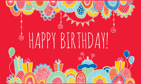 Happy Birthday With Hand Drawn Border Vector with Red Background