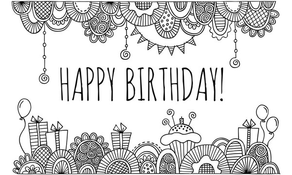 Happy Birthday With Hand Drawn Border Vector Black and White