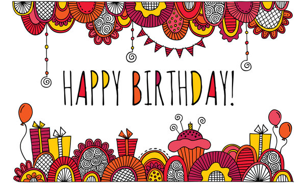 Happy Birthday With Hand Drawn Border Vector Bright Colours