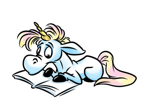 Little unicorn reading fairytale  book cartoon illustration
