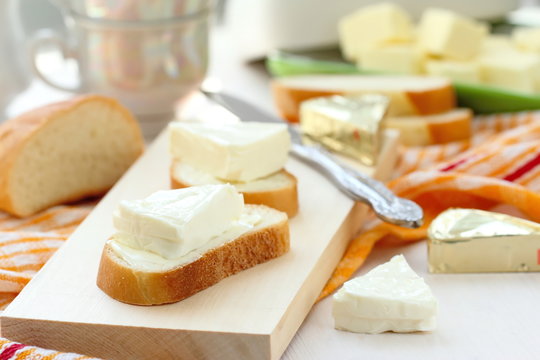 Slice Of Bread With Cream Cheese And Butter For Breakfast