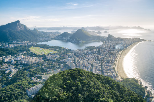 The scenic view of Ipanema Beach and Lagoa as viewed from the top of Dois Irmaos Two Brothers Mountain in Rio de Janeiro, Brazil