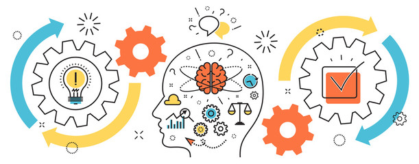 Flat line illustration of born business project startup thought process mechanism  into man brain and head from idea to success for website banner and landing page, infographics, logo and icon