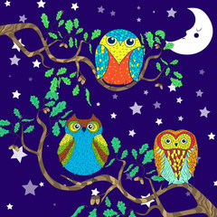 Funny cartoon illustration, card with owls sitting on the brunches