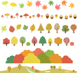 秋の木々、葉、キノコ、どんぐりのイラストセット © logistock