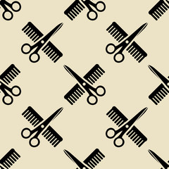 Icono plano patrón con tijeras y peine sobre fondo beige