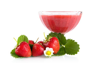 Fresh strawberries with goblet,leaves,flower isolated on white