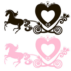 Fototapeta na wymiar Fabulous Royal pink Princess carriage horse-drawn vector vintage girl stroller, logo, black and pink the silhouette icon on white background