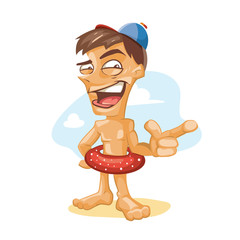 Cartoon nude man with circle for swimming standing and pointing