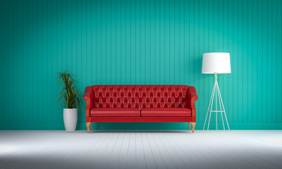 red vintage sofa on the room 3d rendering