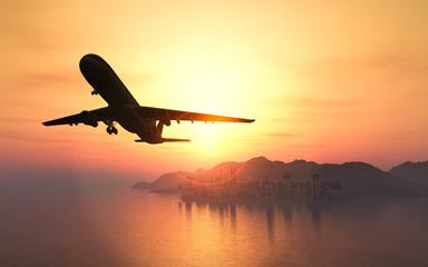 Naklejka na ściany i meble Airplane flying over the city and the beach sunrise 3d rendering
