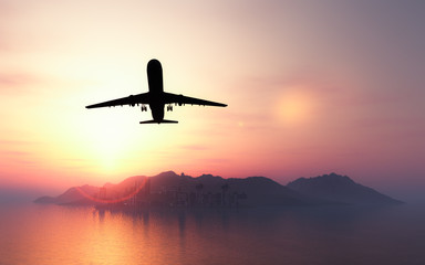 Fototapeta na wymiar Airplane flying over the city and the beach sunrise 3d rendering