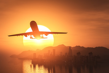 Airplane flying over the city and the beach sunrise 3d rendering