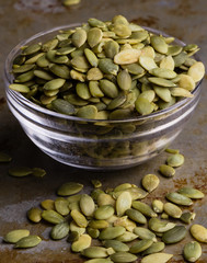pumpkin seeds in a glass bowl