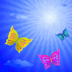 Fototapeta na wymiar Colorful Butterflies Fly in the Blue Summer Solar Sky with Clouds, Low Poly Polygonal Background. Vector
