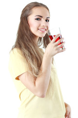 Young woman close up portrait drink juice. Female model happy sm