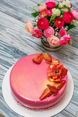 mousse cake decorated with strawberries