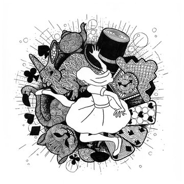 the alice in wonderland story hand drawn outline with texture isolated on the white background