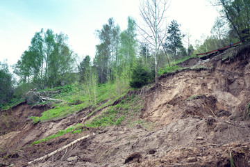 Fototapeta na wymiar Mudflows with broken trees and the destruction of the roadway
