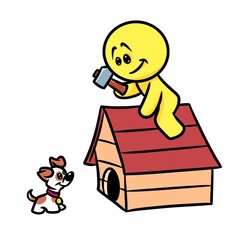 Smiley character build dog kennel cartoon illustration  image
