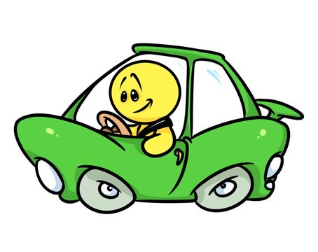 Smiley character green car driver cartoon illustration  image
