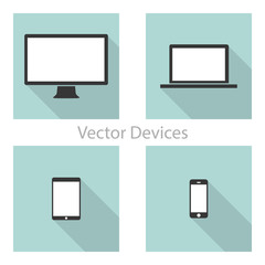 Set of computer monitors, laptops, tablets and mobile phones. Electronic gadgets, isolated, on white background