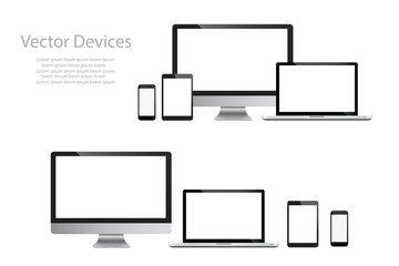 Set of realistic computer monitors, laptops, tablets and mobile phones. Electronic gadgets, isolated, on white background