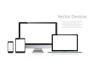 Set of realistic computer monitors, laptops, tablets and mobile phones. Electronic gadgets, isolated, on white background