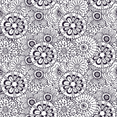 Vector pattern with abstract flowers ornament. Adult coloring book page. Zentangle seamless design